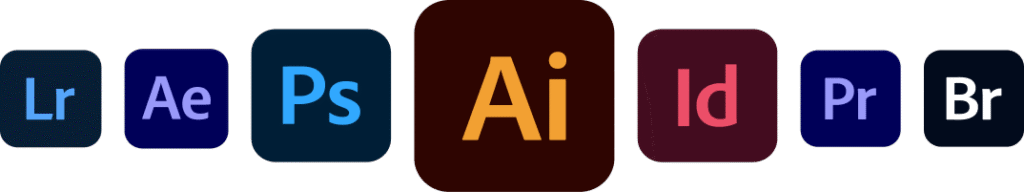 Icons for Adobe Creative Cloud applications, including Lightroom (Lr), After Effects (Ae), Photoshop (Ps), Illustrator (Ai), InDesign (Id), Premiere Pro (Pr), and Bridge (Br)
