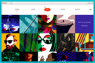 A browser window displaying a portfolio website with a grid of vibrant, highly stylized digital illustrations.